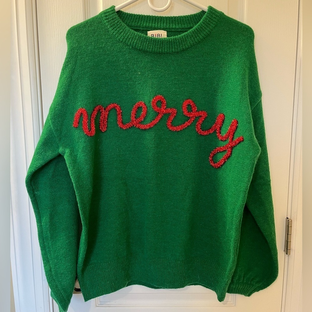 🆕 Bibi Women's Green 'Merry' Holiday
Sweater Red Tinsel Crew Neck Long Sleeve S